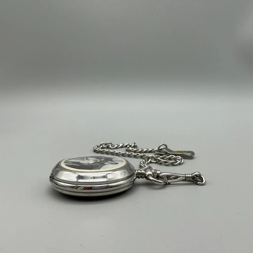 Al Agnew Pocket Watch Men 47mm Silver Tone Wolf Art Full Hunter Chain